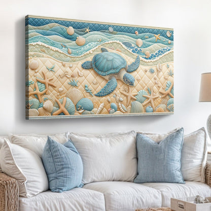 3D Coastal Wall Art IV canvas by Tailored Canvases with layered ocean waves and a sea turtle on Tampa Home & Garden Store