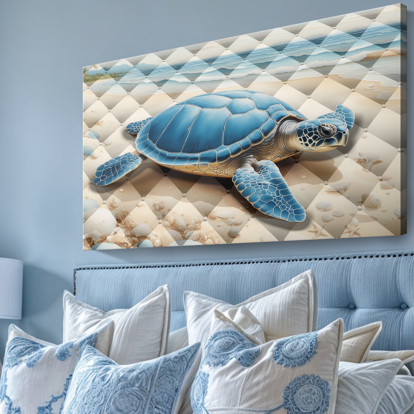 3D Coastal Wall Art V canvas Tailored Canvases blue sea turtle on a diamond-pattern beach scene on Tampa Home & Garden Store