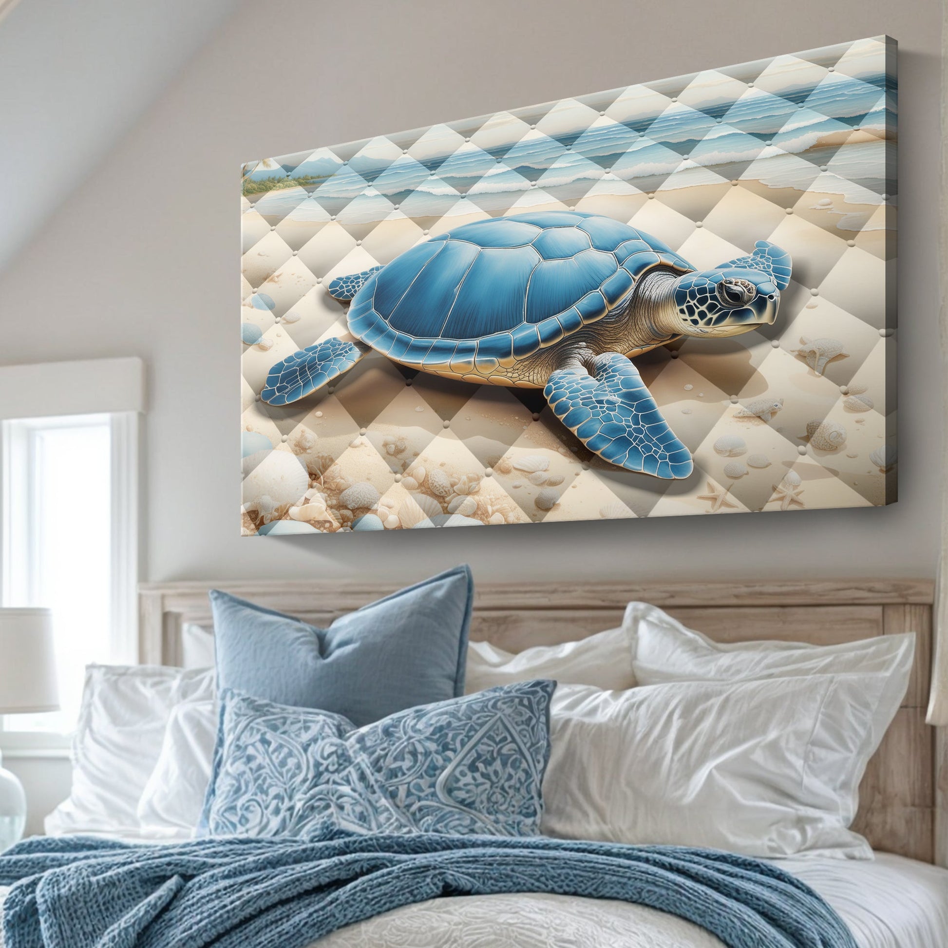 3D Coastal Wall Art V canvas by Tailored Canvases featuring a blue sea turtle on beige backdrop on Tampa Home & Garden Store