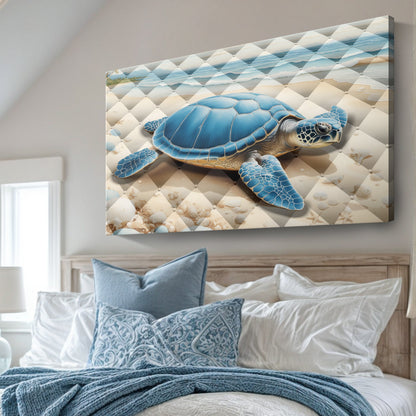 3D Coastal Wall Art V canvas by Tailored Canvases featuring a blue sea turtle on beige backdrop on Tampa Home & Garden Store