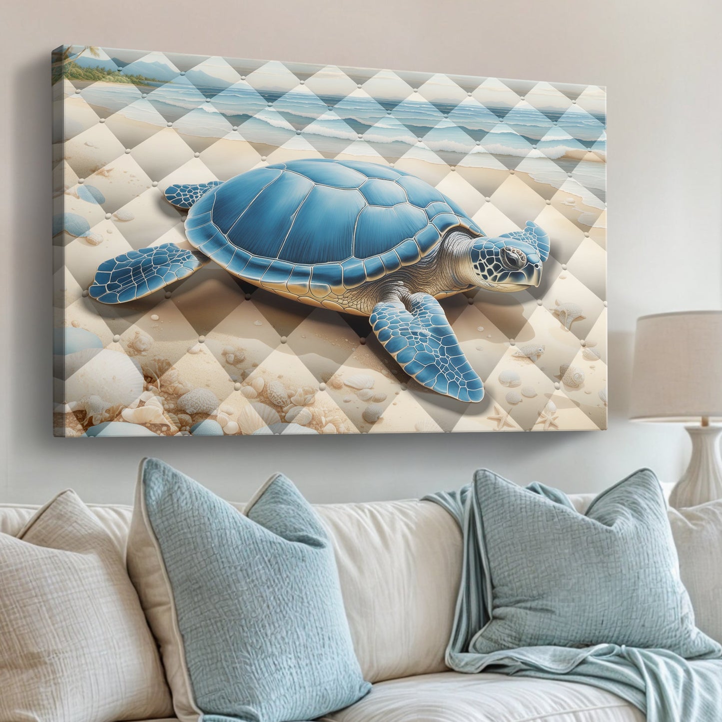 3D Coastal Wall Art V canvas by Tailored Canvases with blue sea turtle on diamond beach on Tampa Home & Garden Store