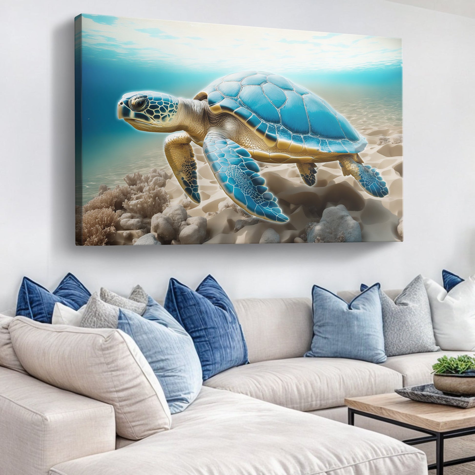 3D Coastal Wall Art VI canvas by Tailored Canvases featuring a blue sea turtle on a sandy shore on Tampa Home & Garden Store