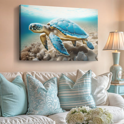 3D Coastal Wall Art VI canvas print featuring a blue sea turtle over a sandy seabed on Tampa Home & Garden Store
