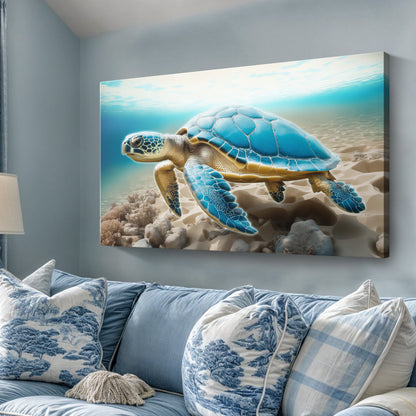 3D Coastal Wall Art VI canvas depicting a blue sea turtle on sandy beach by Tailored Canvases on Tampa Home & Garden Store