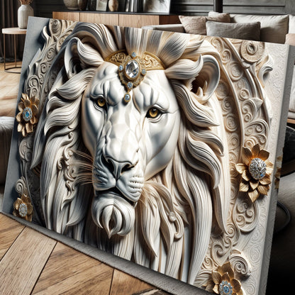 3D Majestic Lion Wall Art II canvas by Tailored Canvases, ivory lion with jeweled crown on Tampa Home & Garden Store