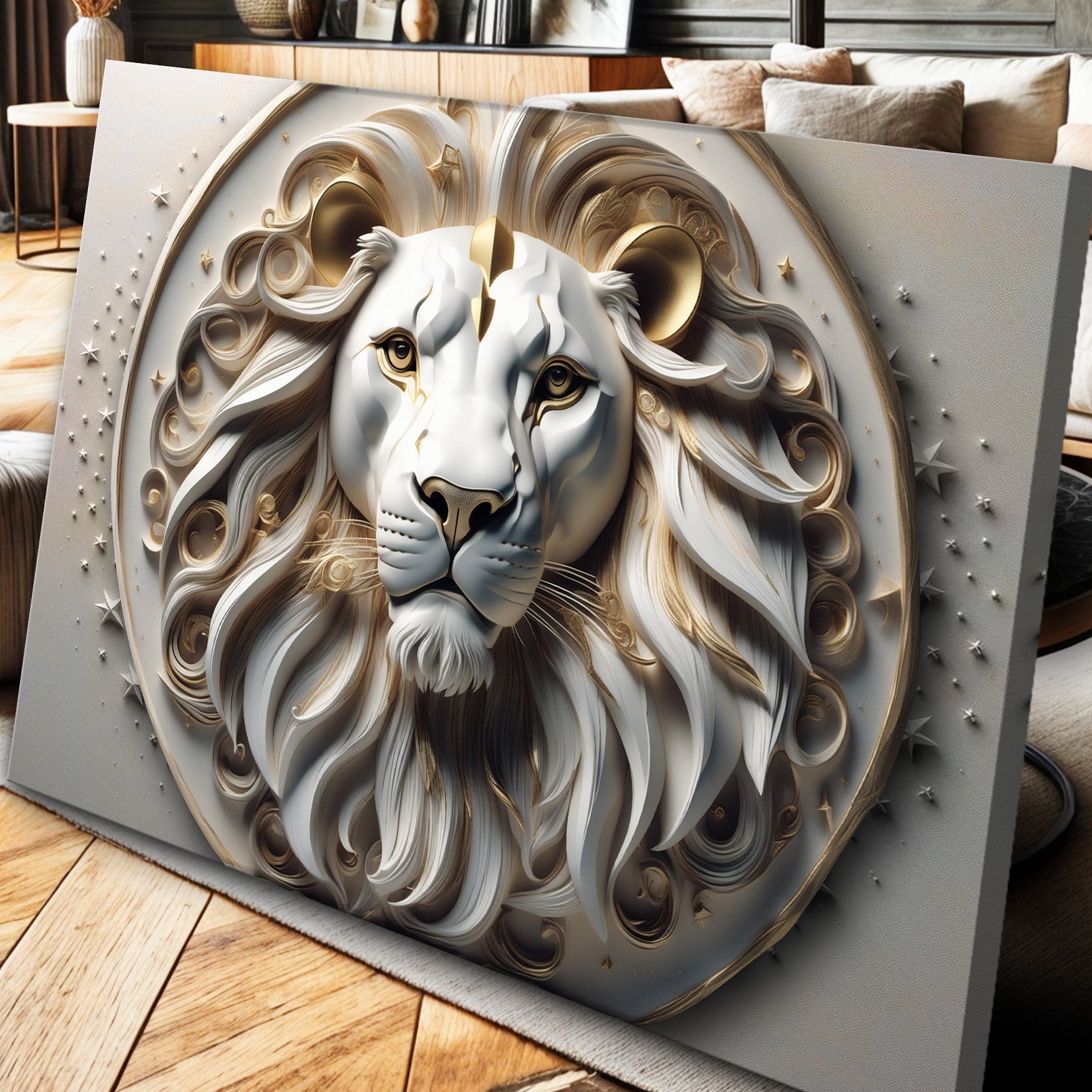 3D Majestic Lion Wall Art VI canvas by Tailored Canvases in gold ivory tones on Tampa Home & Garden Store