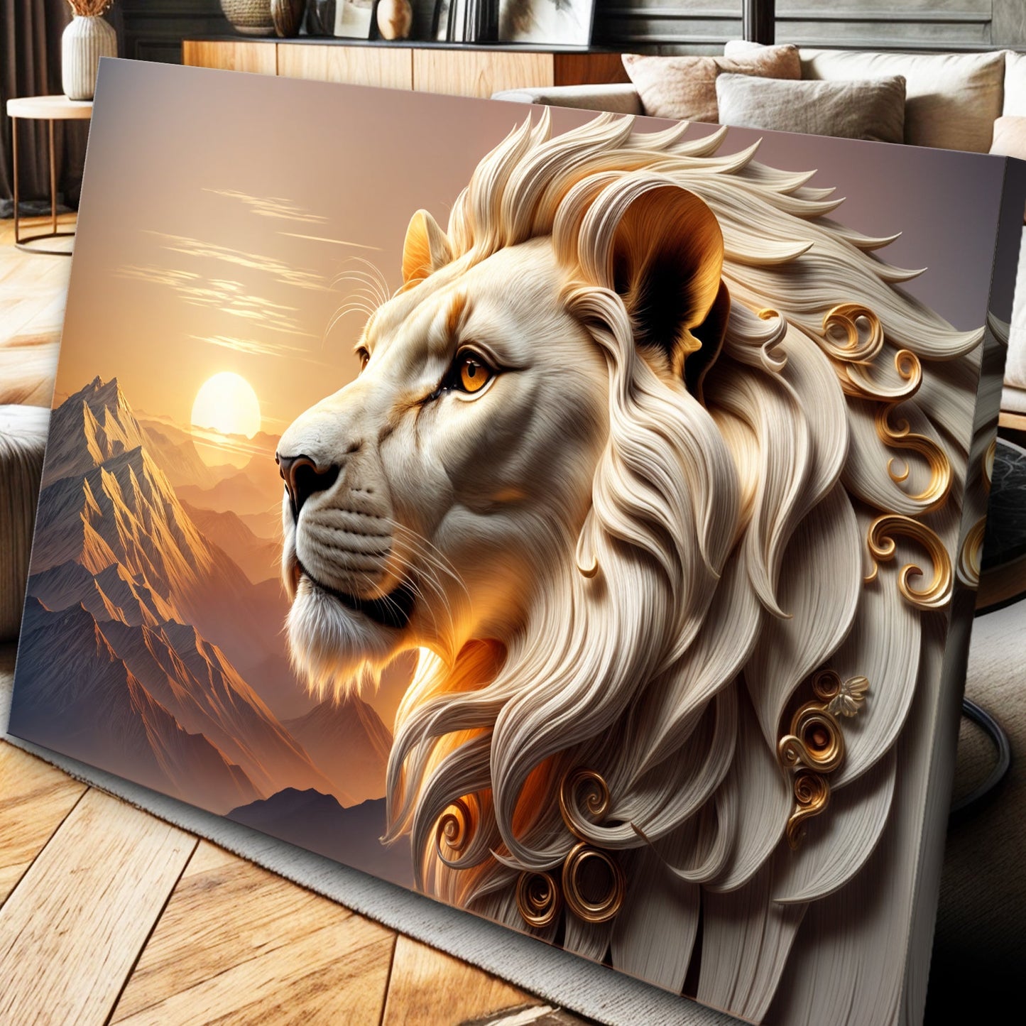 Canvas 3D Majestic Lion Wall Art IV, golden mane, sunset tones by Tailored Canvases on Tampa Home & Garden Store
