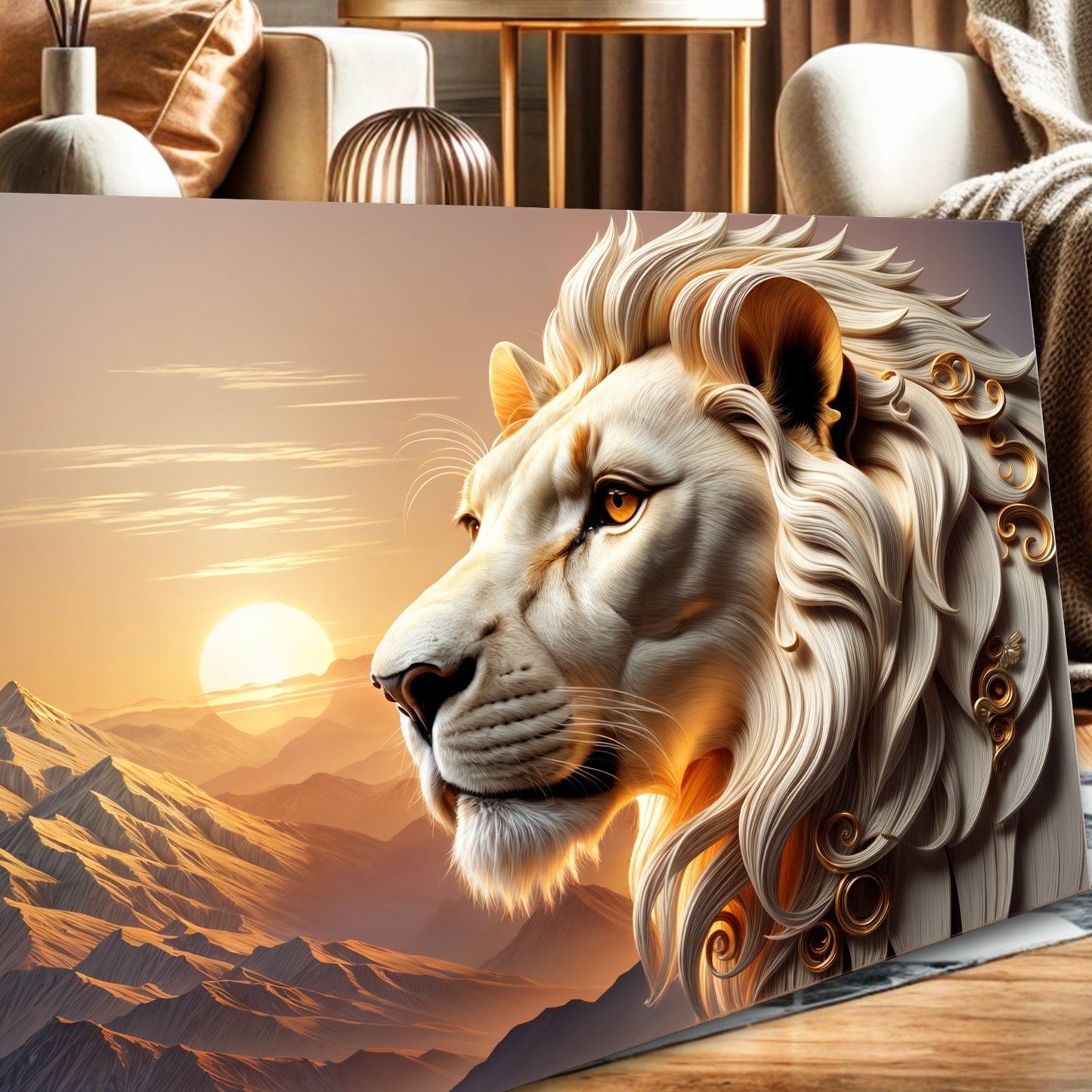 3D Majestic Lion Wall Art IV canvas by Tailored Canvases in warm sunset golds on Tampa Home & Garden Store