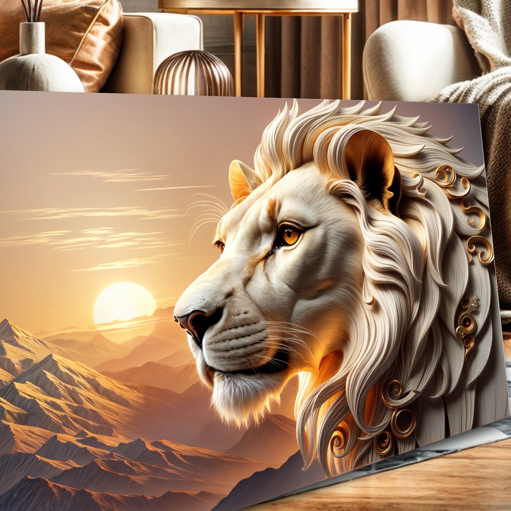 3D Majestic Lion Wall Art IV canvas by Tailored Canvases in warm sunset golds on Tampa Home & Garden Store