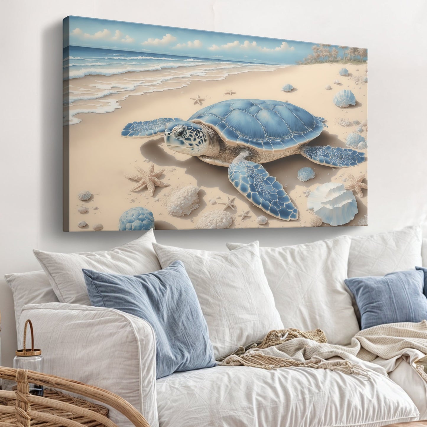 3D Coastal Wall Art by Tailored Canvases, blue sea turtle on a sandy beach with seashells on Tampa Home & Garden Store