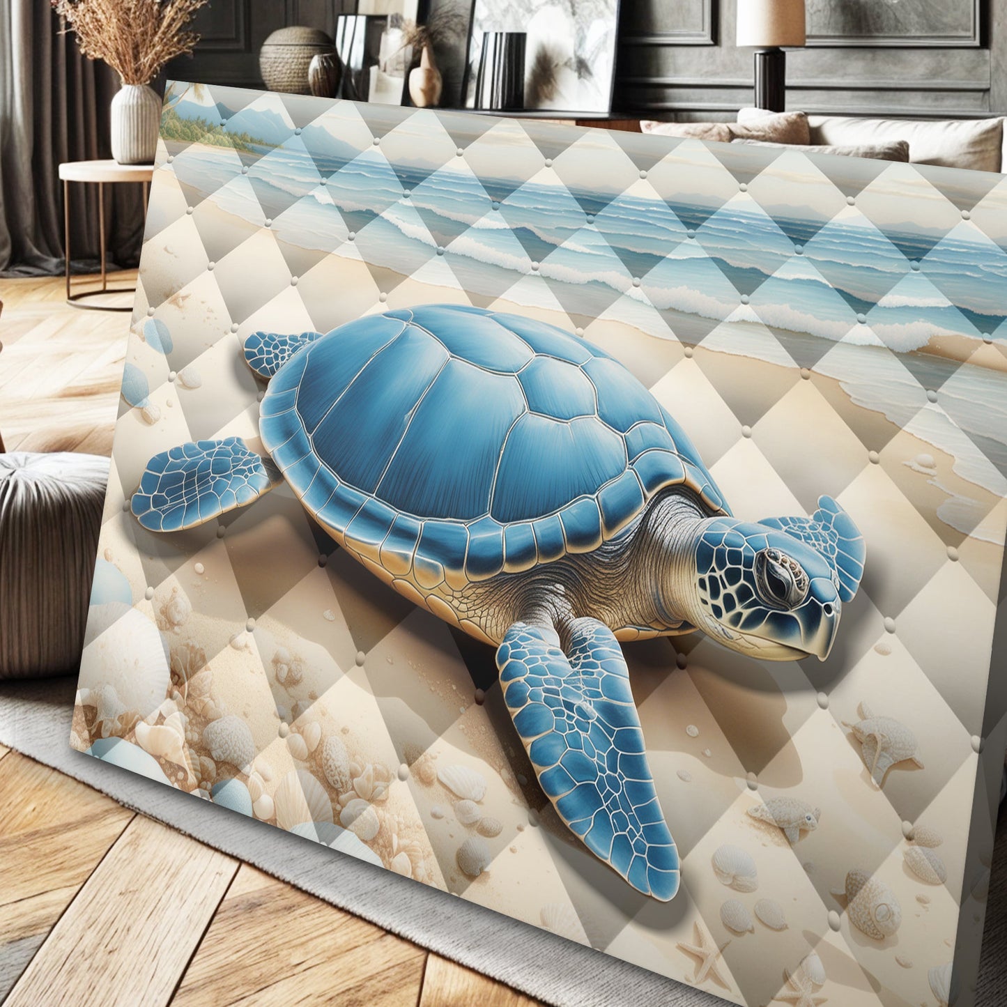 3D Coastal Wall Art V canvas by Tailored Canvases featuring ocean waves and blue turtle motif on Tampa Home & Garden Store