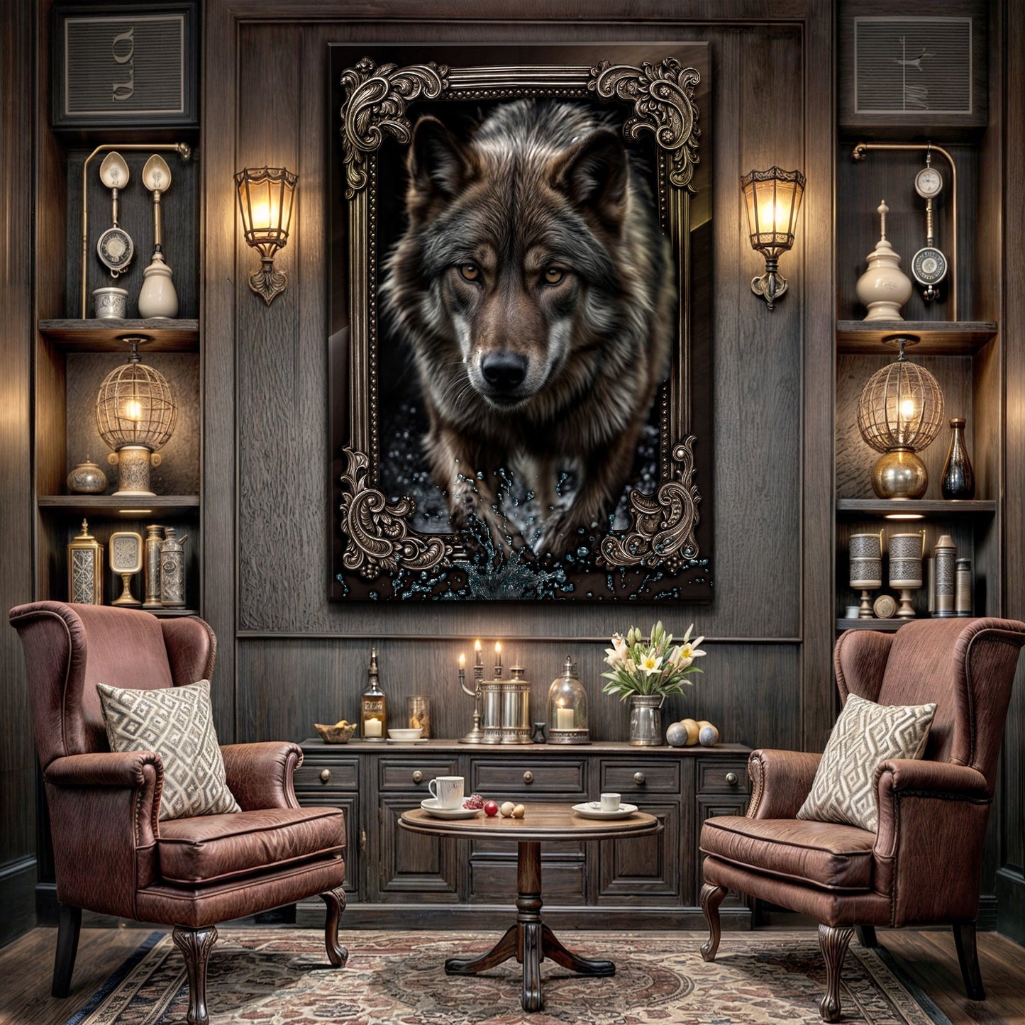 3D Wolf Wall Art II canvas by Tailored Canvases in an ornate frame on a dark wood library wall on Tampa Home & Garden Store