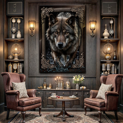 3D Wolf Wall Art II canvas by Tailored Canvases in an ornate frame on a dark wood library wall on Tampa Home & Garden Store