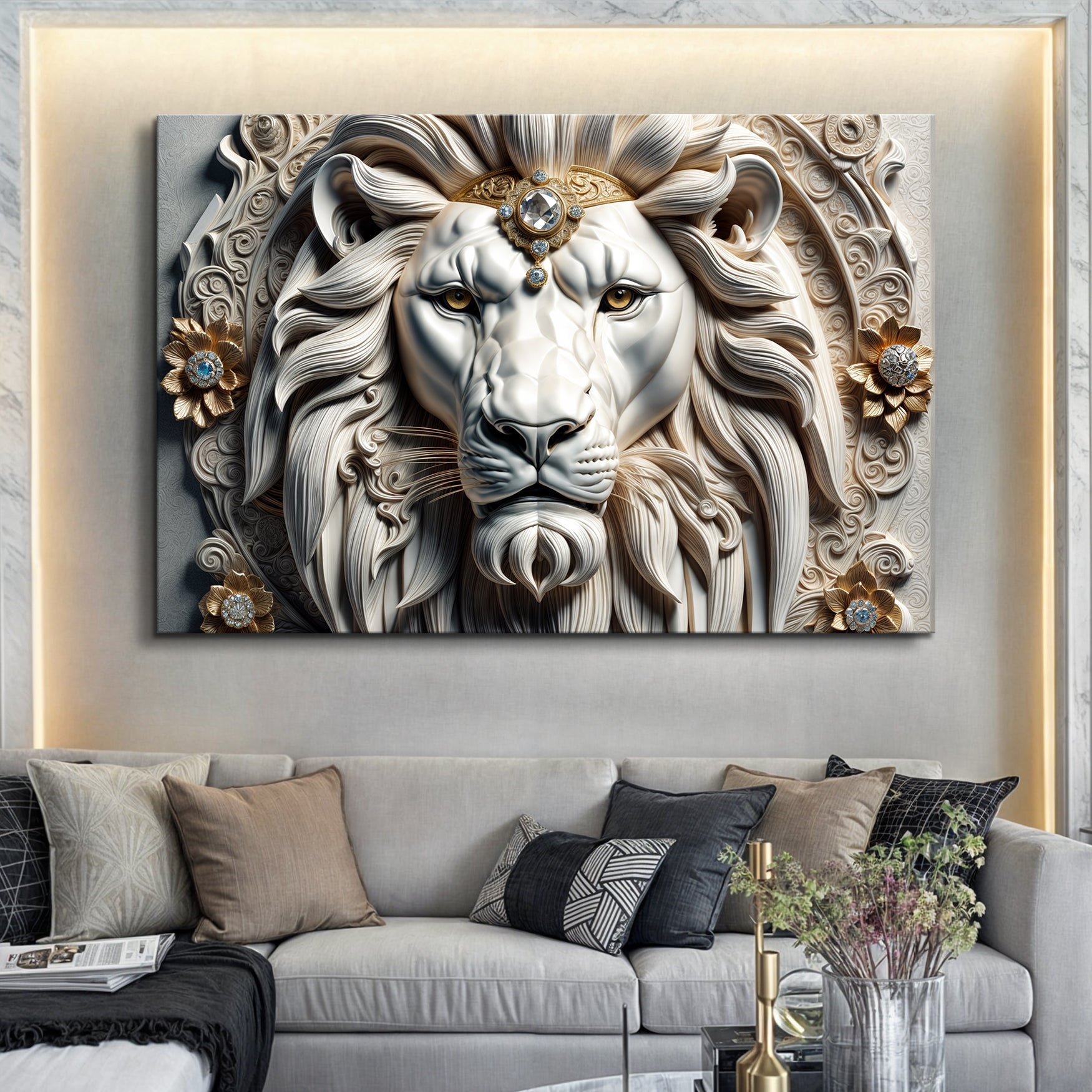3D Majestic Lion Wall Art II canvas Tailored Canvases, cream lion with crown gems on Tampa Home & Garden Store