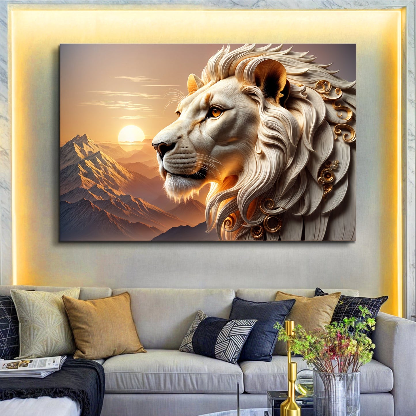 3D Majestic Lion Wall Art IV canvas Tailored Canvases with golden mane and sunset mountains on Tampa Home & Garden Store