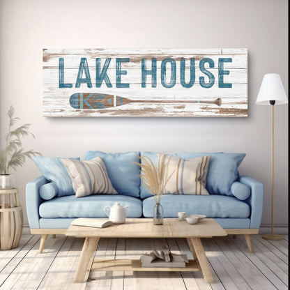 Lake House Coastal Sign II canvas wall art with white wood planks and teal lettering on Tampa Home & Garden Store
