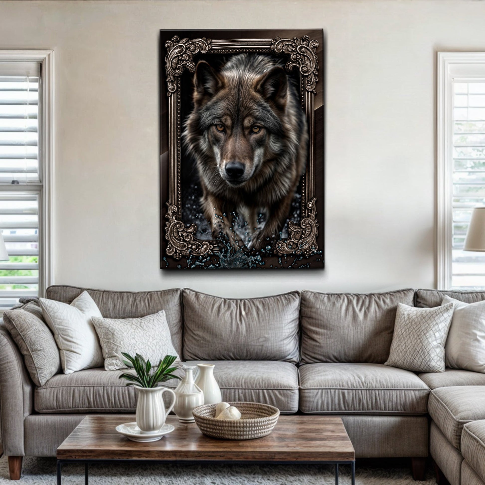 3D Wolf Wall Art II canvas portrait in an ornate dark bronze frame with water splash accents on Tampa Home & Garden Store