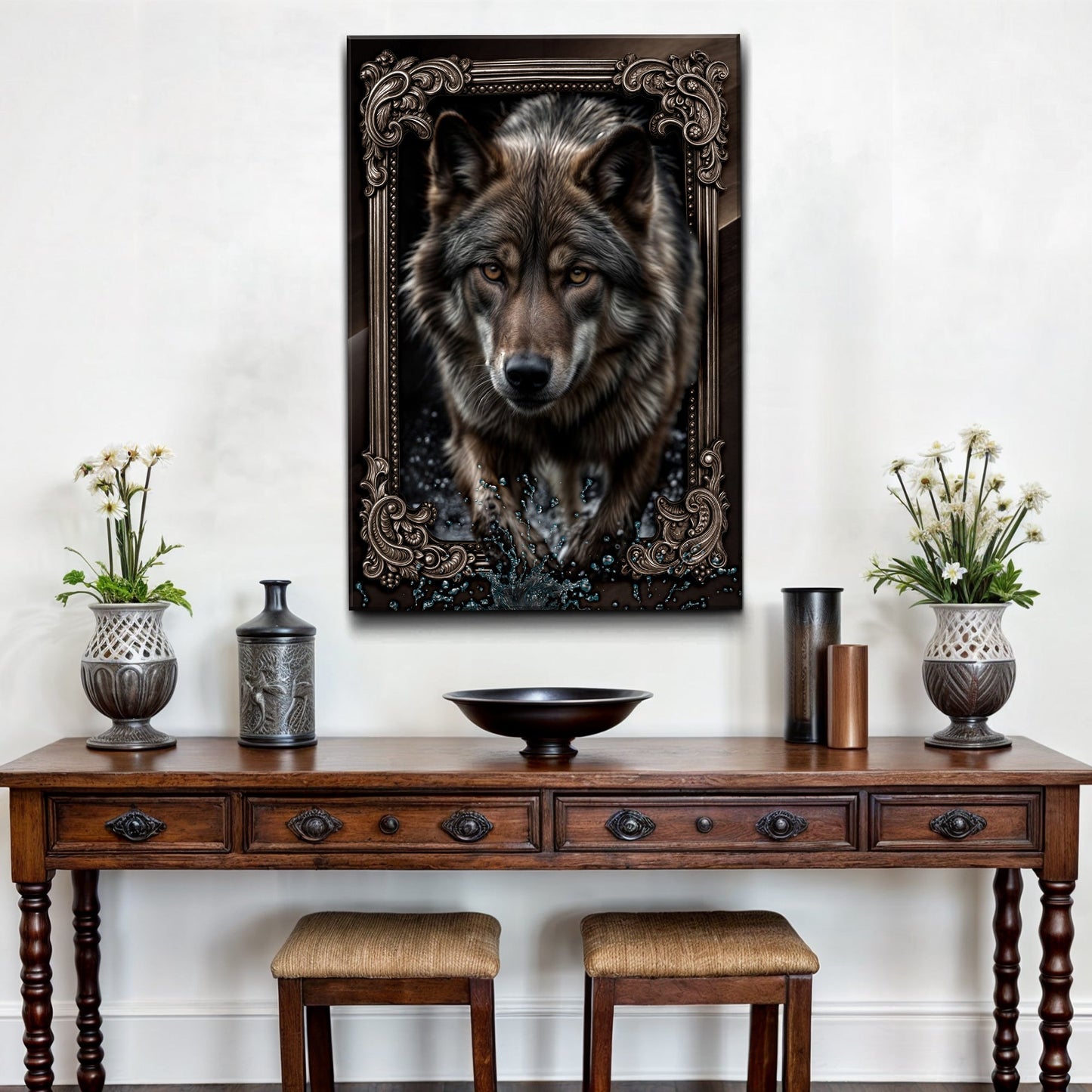 3D Wolf Wall Art II canvas by Tailored Canvases, ornate dark frame with closeup wolf portrait on Tampa Home & Garden Store