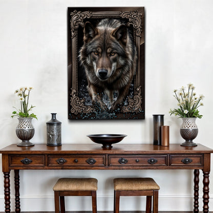 3D Wolf Wall Art II canvas by Tailored Canvases, ornate dark frame with closeup wolf portrait on Tampa Home & Garden Store