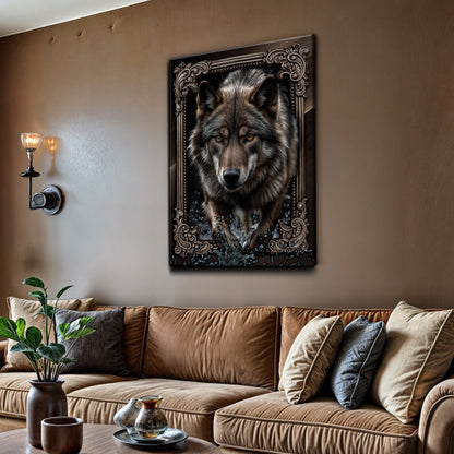 3D Wolf Wall Art II canvas by Tailored Canvases with ornate framed wolf portrait on Tampa Home & Garden Store
