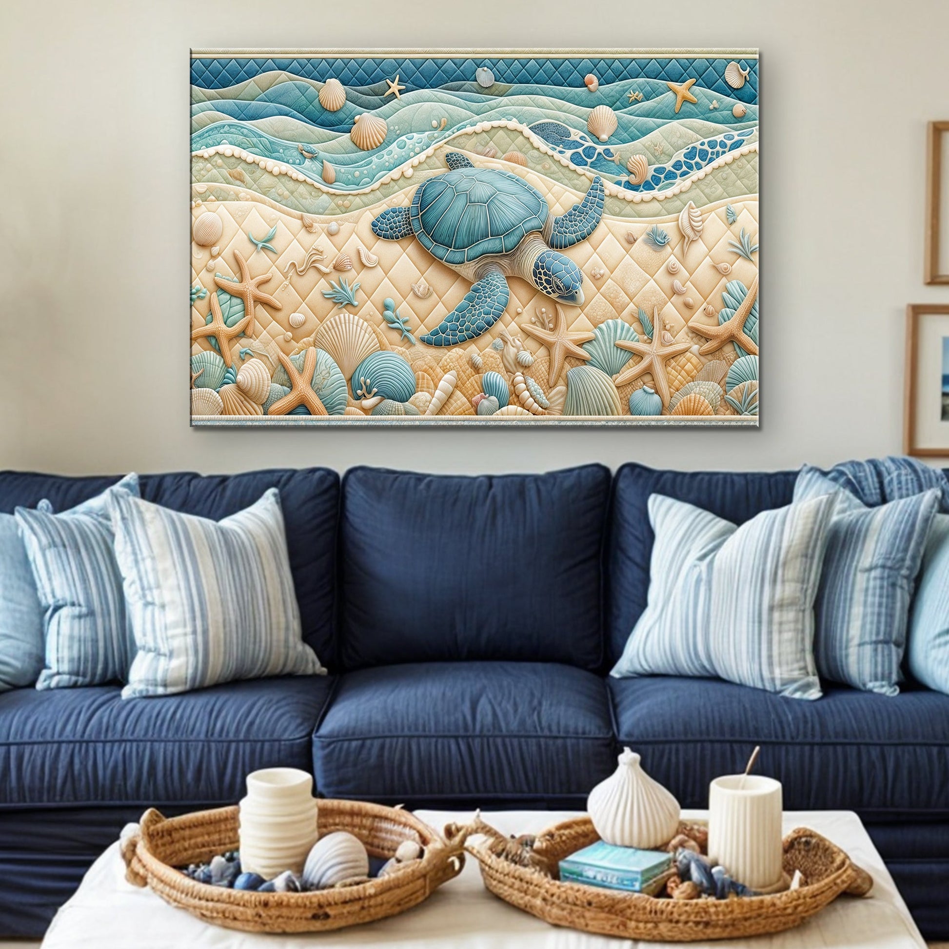 3D Coastal Wall Art IV canvas sea turtle scene in ocean blues and sandy beige by Tailored Canvases on Tampa Home & Garden Store