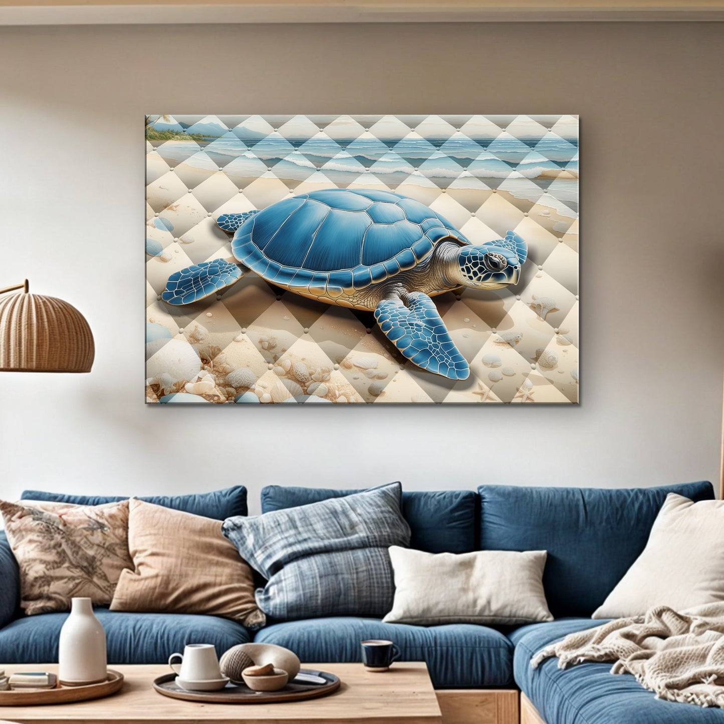 3D Coastal Wall Art V canvas by Tailored Canvases featuring a blue sea turtle on a diamond beach on Tampa Home & Garden Store