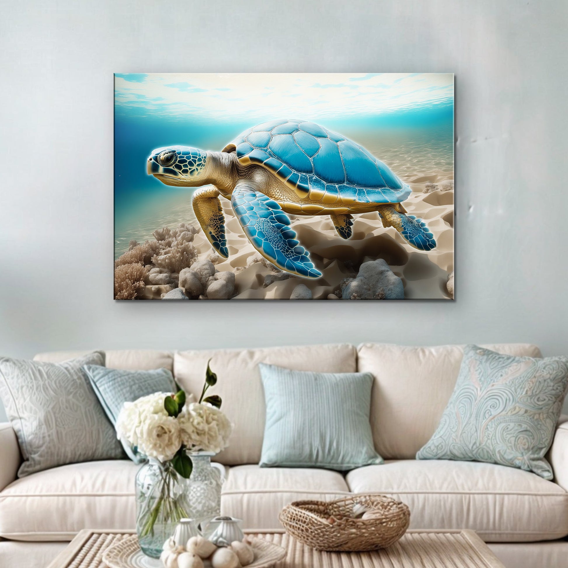 3D Coastal Wall Art VI canvas by Tailored Canvases; blue sea turtle on sandy beach on Tampa Home & Garden Store