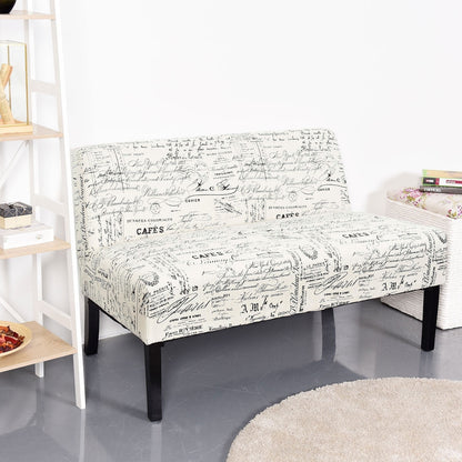Sofá moderno biplaza con tapicería de patrón cursivo blanquecino y patas de madera negra