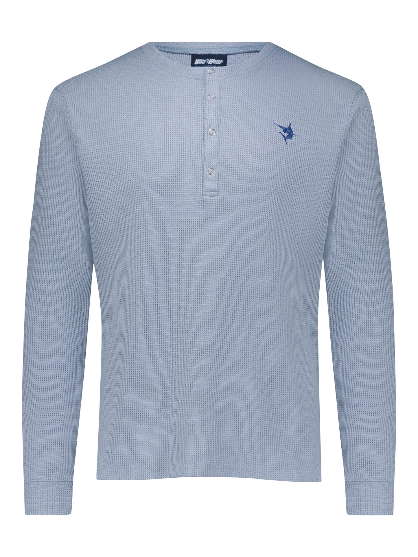 Mystic Henley long sleeves top, light blue waffle knit with metal placket by White Water Life on Tampa Home & Garden Store