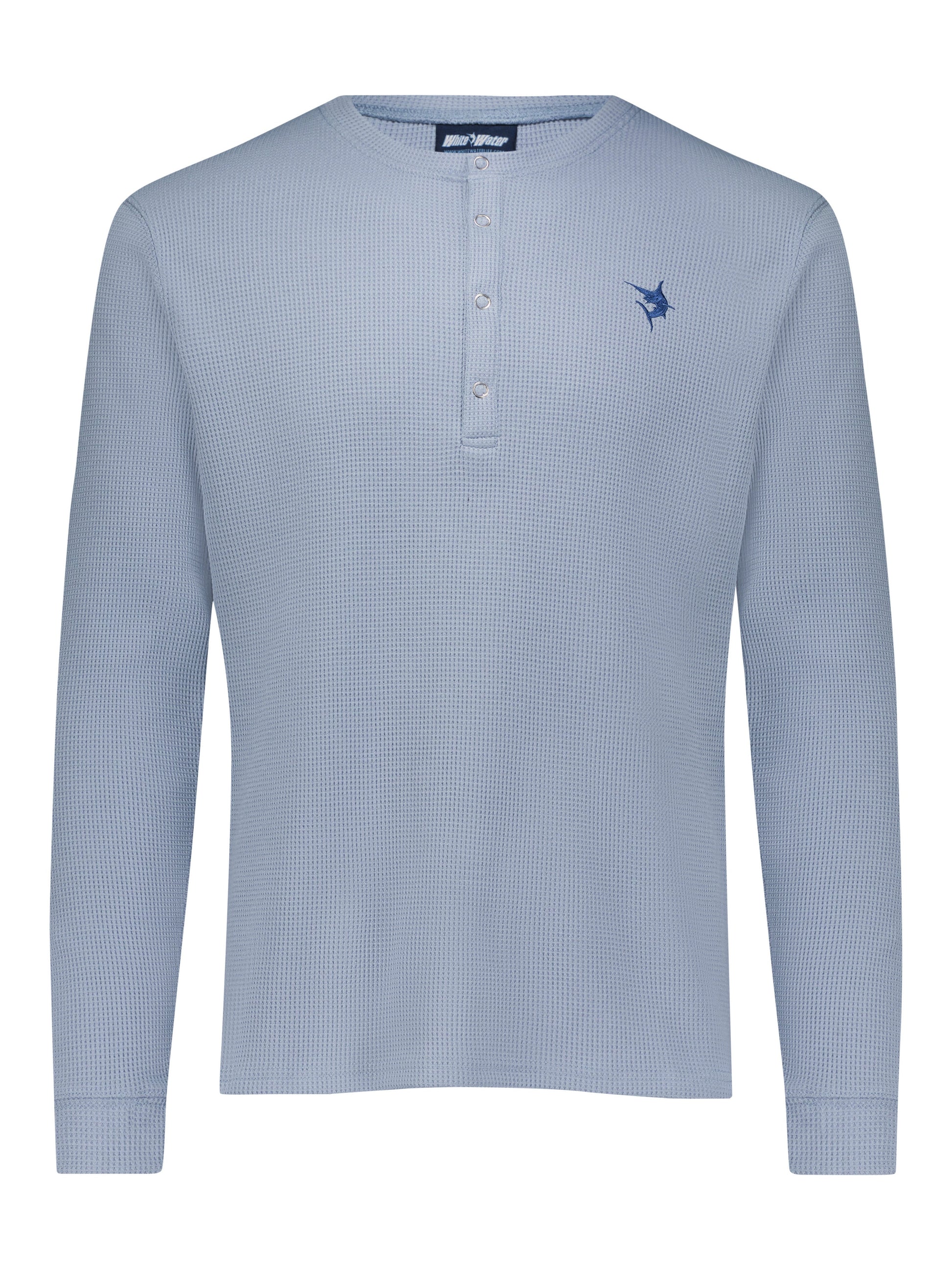 Mystic Henley long sleeves top, light blue waffle knit with metal placket by White Water Life on Tampa Home & Garden Store