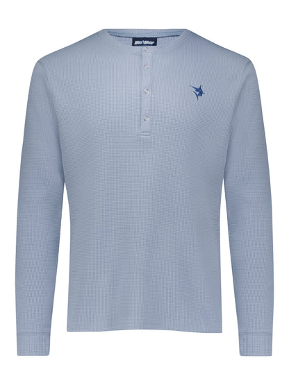 Mystic Henley long sleeves top, light blue waffle knit with metal placket by White Water Life on Tampa Home & Garden Store