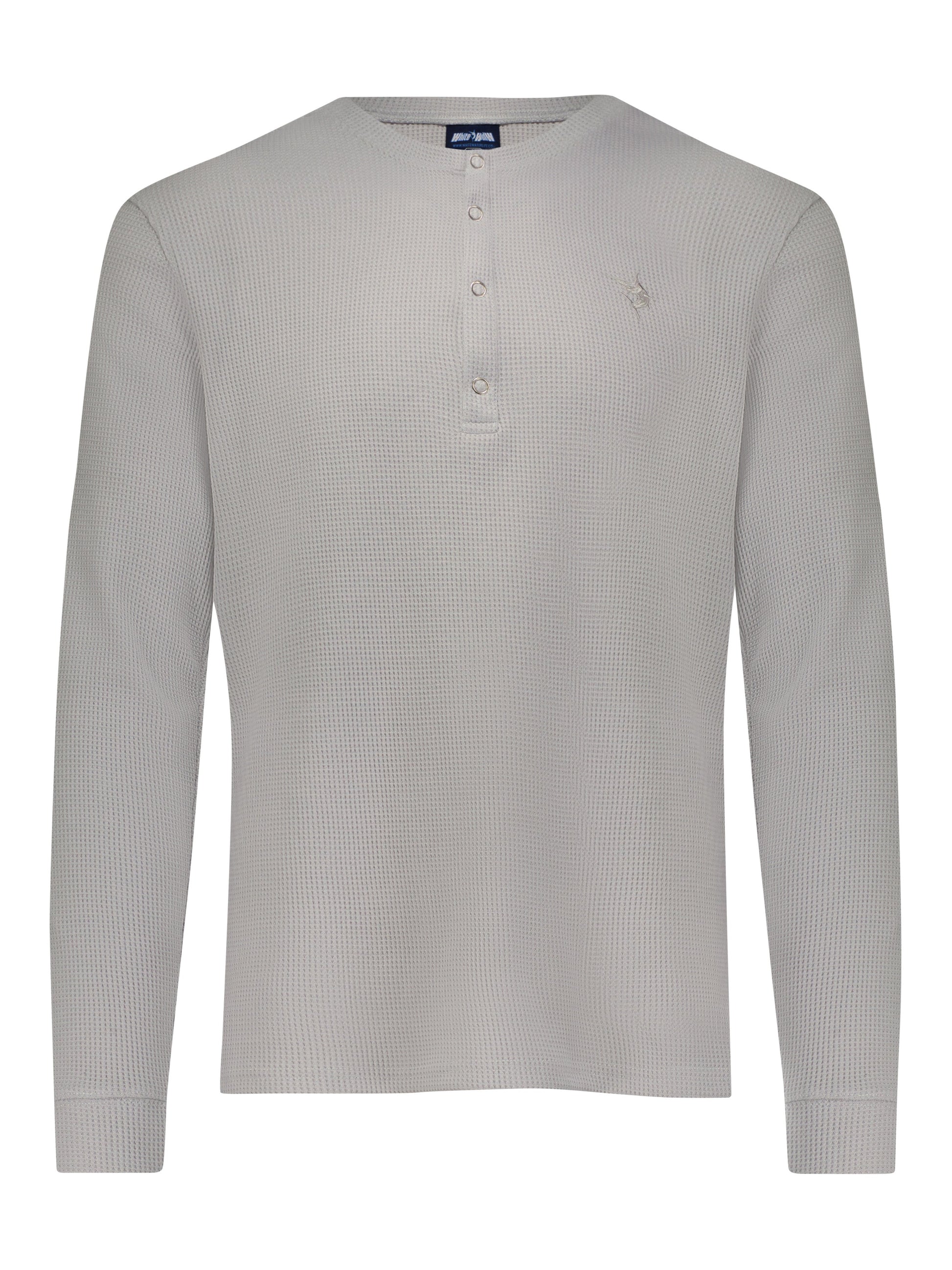 Mystic Henley long sleeve top by White Water Life in light grey textured knit with chest logo on Tampa Home & Garden Store