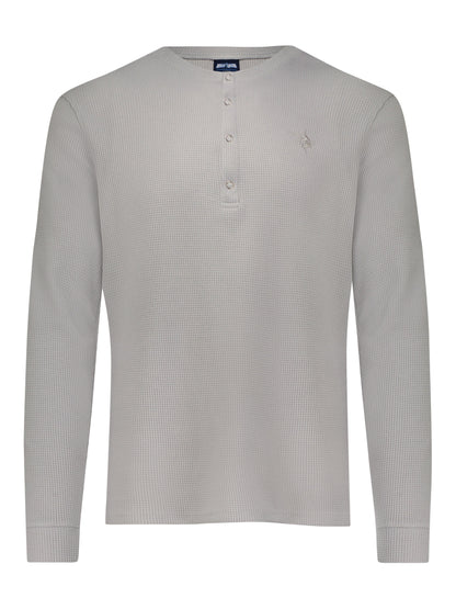 Mystic Henley long sleeve top by White Water Life in light grey textured knit with chest logo on Tampa Home & Garden Store