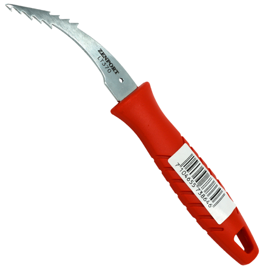Zenport stainless weeder with red handle and serrated curved blade on Tampa Home & Garden Store