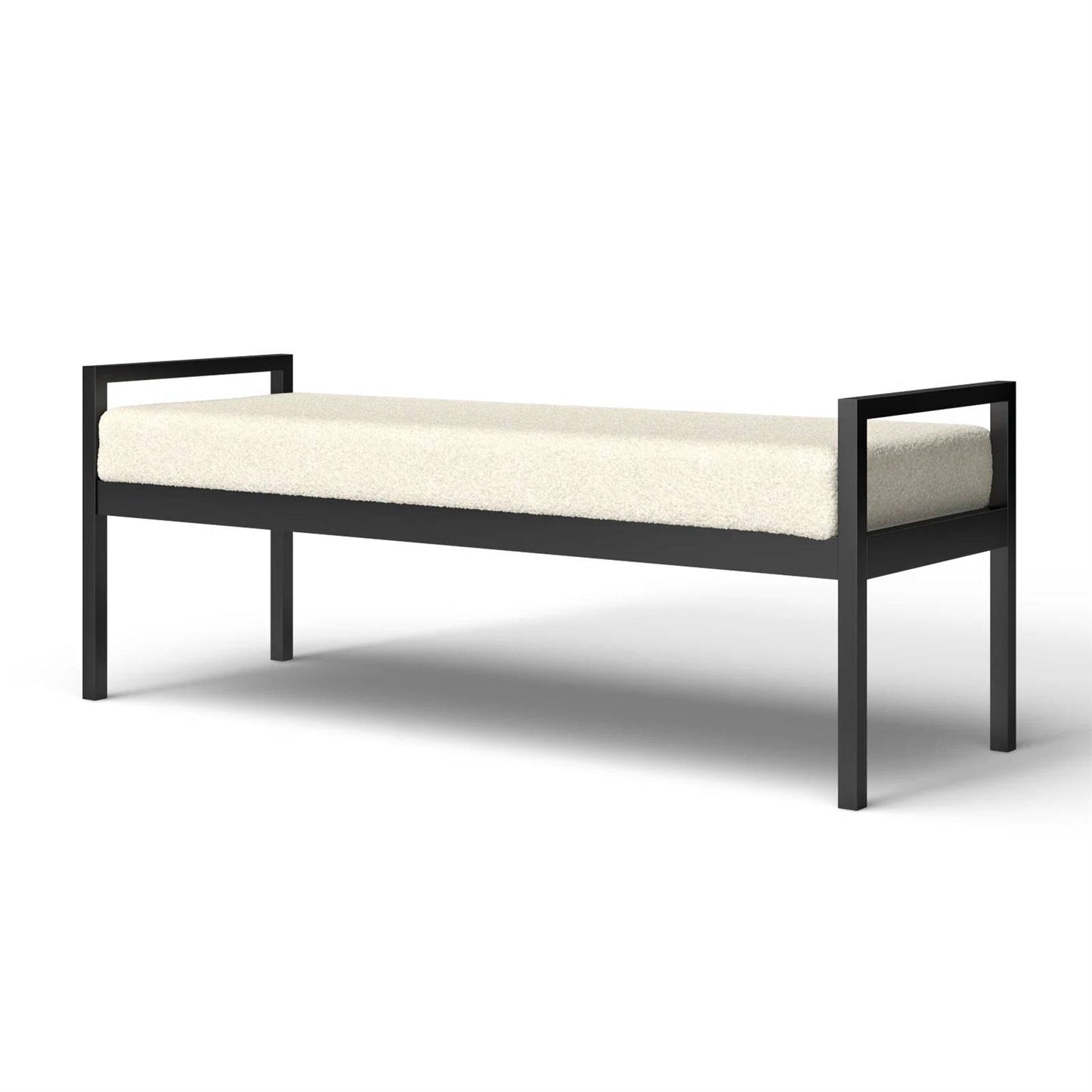 Banco de cama industrial moderno con estructura de metal negro y cojín tapizado crema
