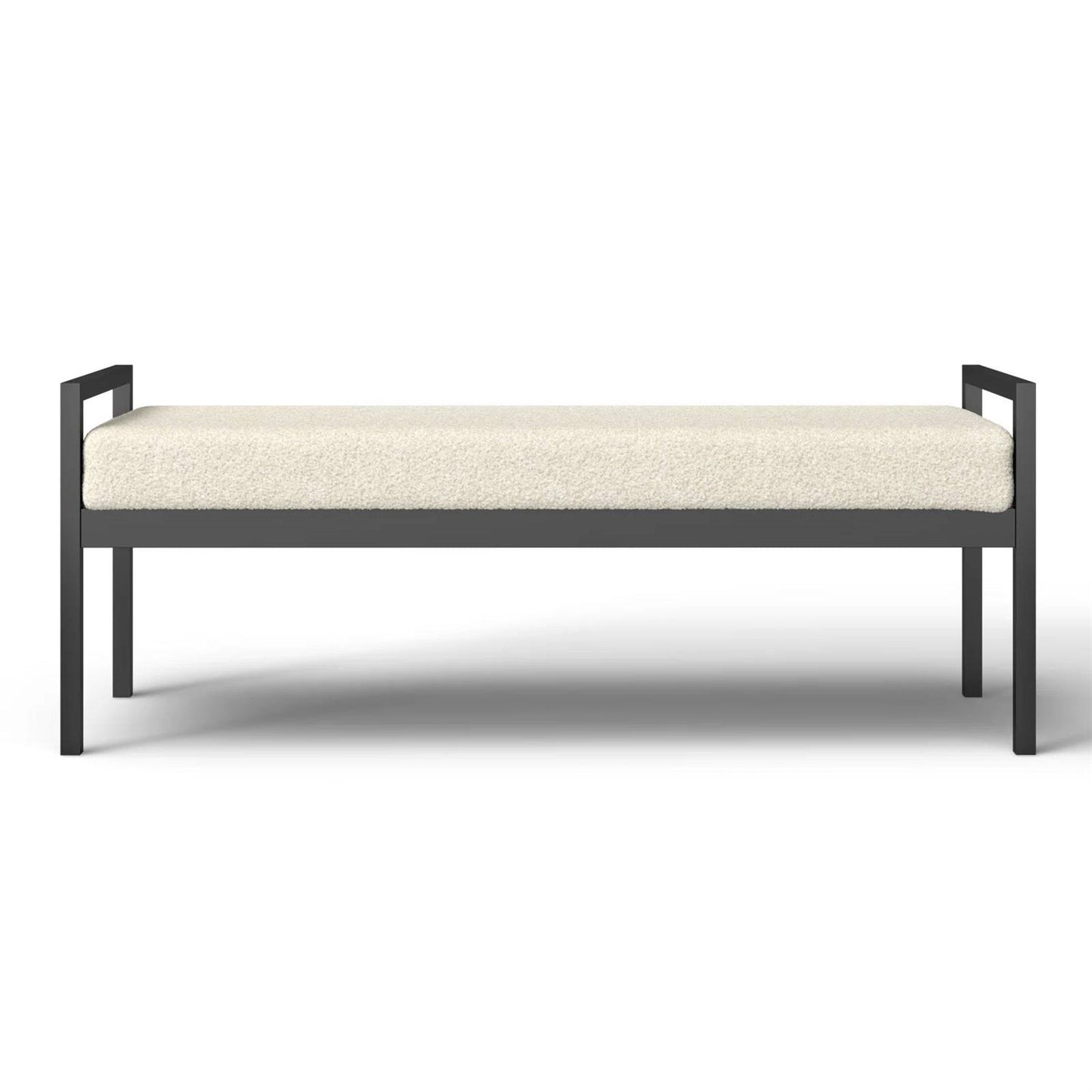 Banco de cama industrial moderno con estructura de metal negro y cojín tapizado crema