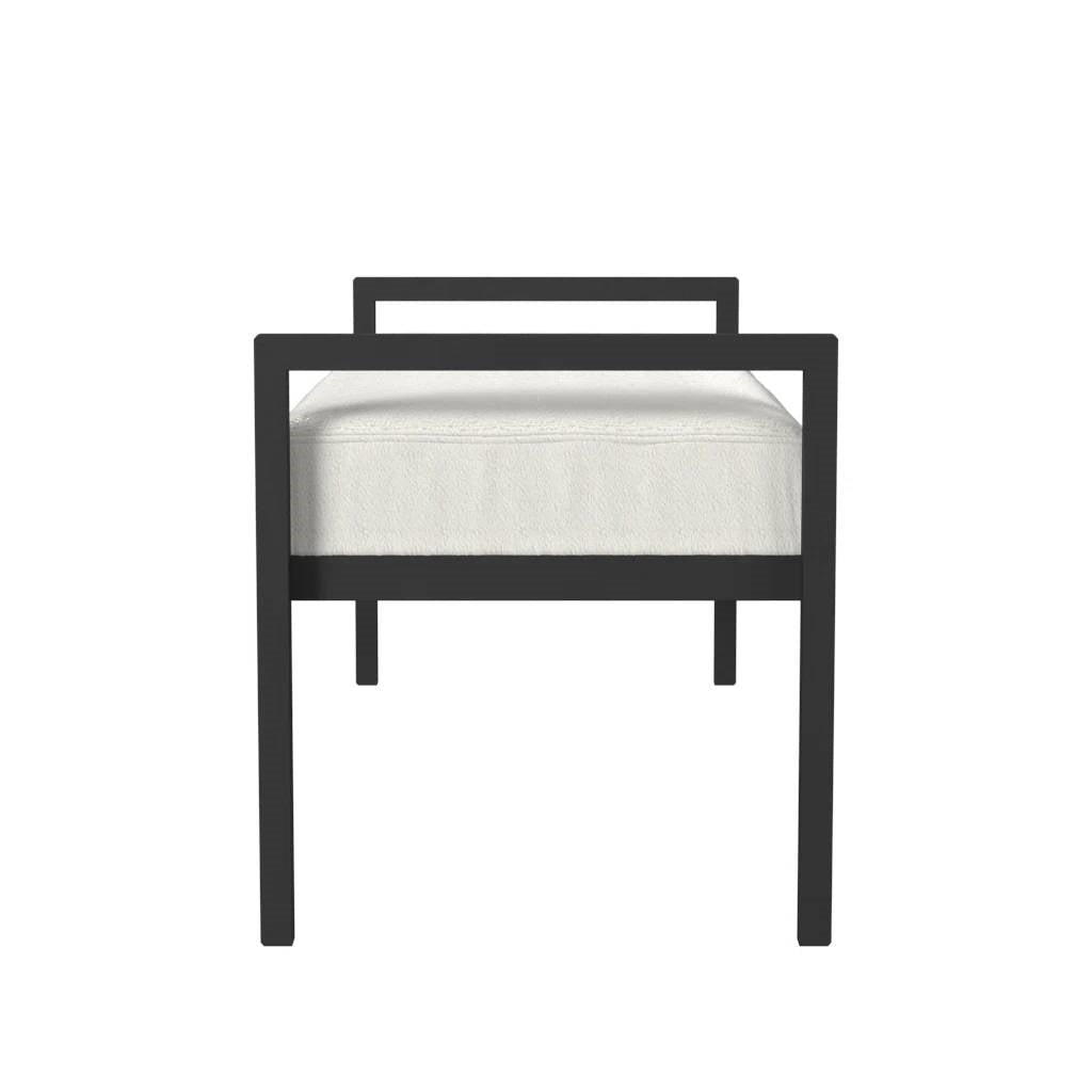 Banco de cama industrial moderno con estructura de metal negro y cojín tapizado crema