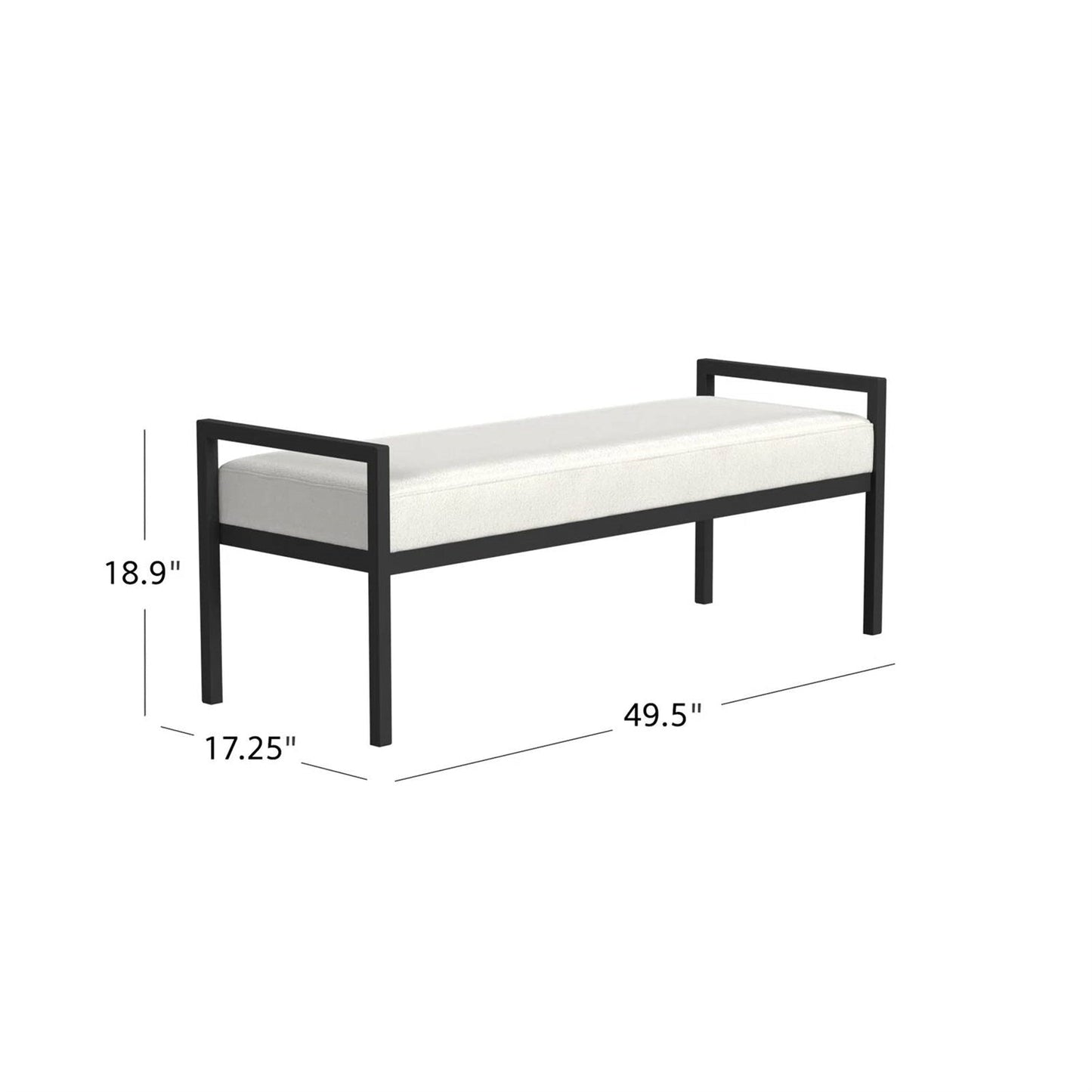 Banco de cama industrial moderno con estructura de metal negro y cojín tapizado crema
