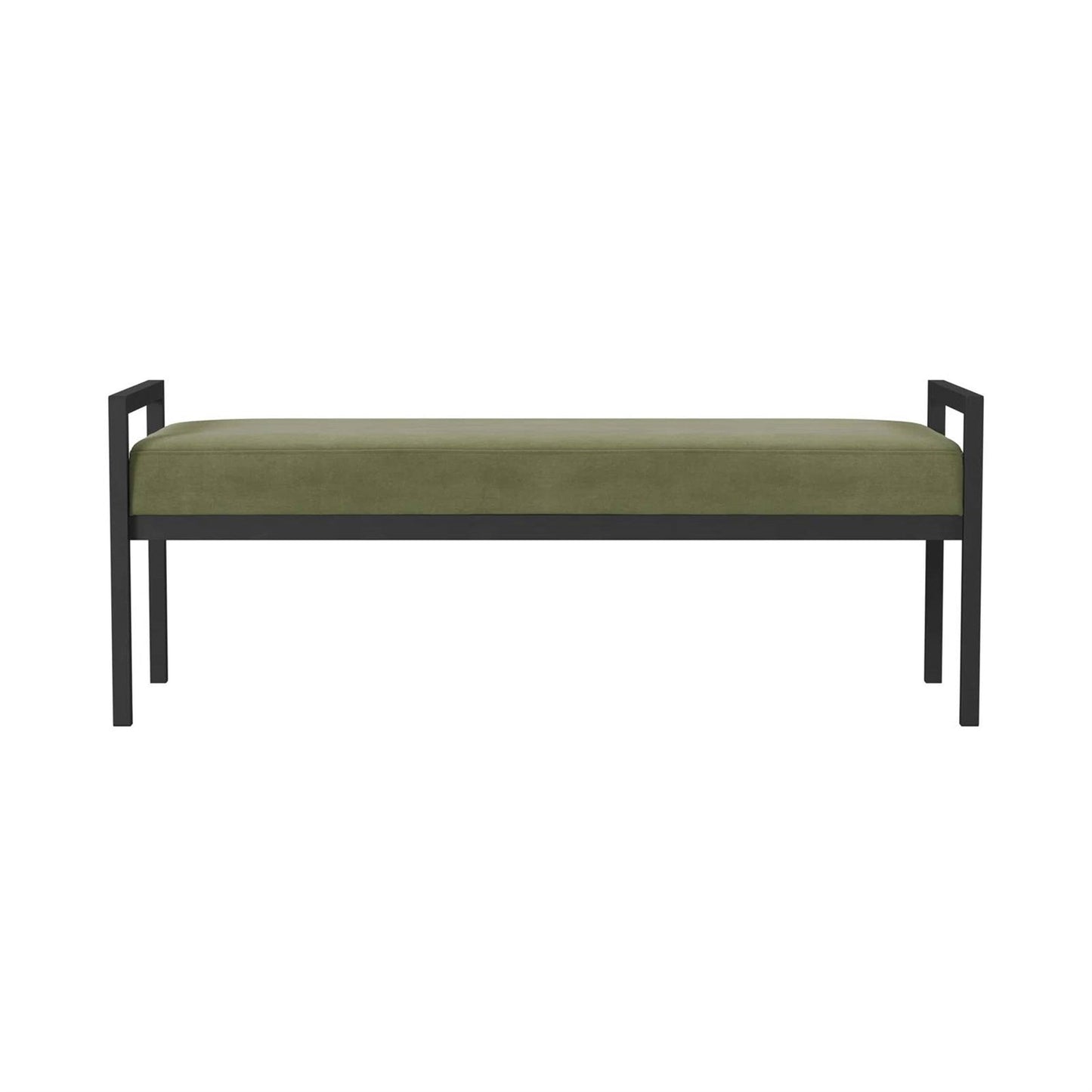 Banco de cama industrial moderno con estructura de metal negro y cojín de terciopelo verde salvia
