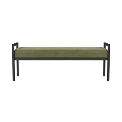 Banco de cama industrial moderno con estructura de metal negro y cojín de terciopelo verde salvia
