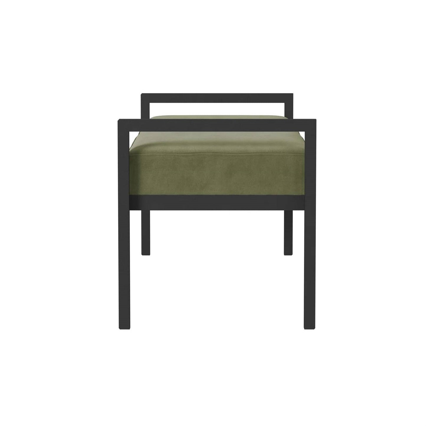 Banco de cama industrial moderno con estructura de metal negro y cojín de terciopelo verde salvia