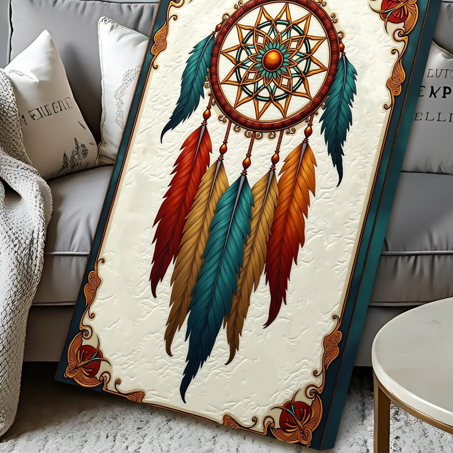 3D Whispering Feathers Wall Art V canvas by Tailored Canvases with teal & orange feathers on Tampa Home & Garden Store