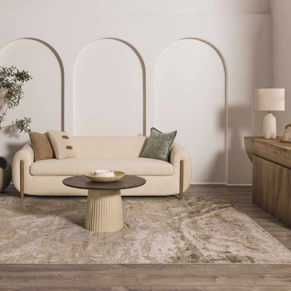 Lively Marble Green Area Rug by Boutique Rugs in a neutral living room with beige sofa on Tampa Home & Garden Store
