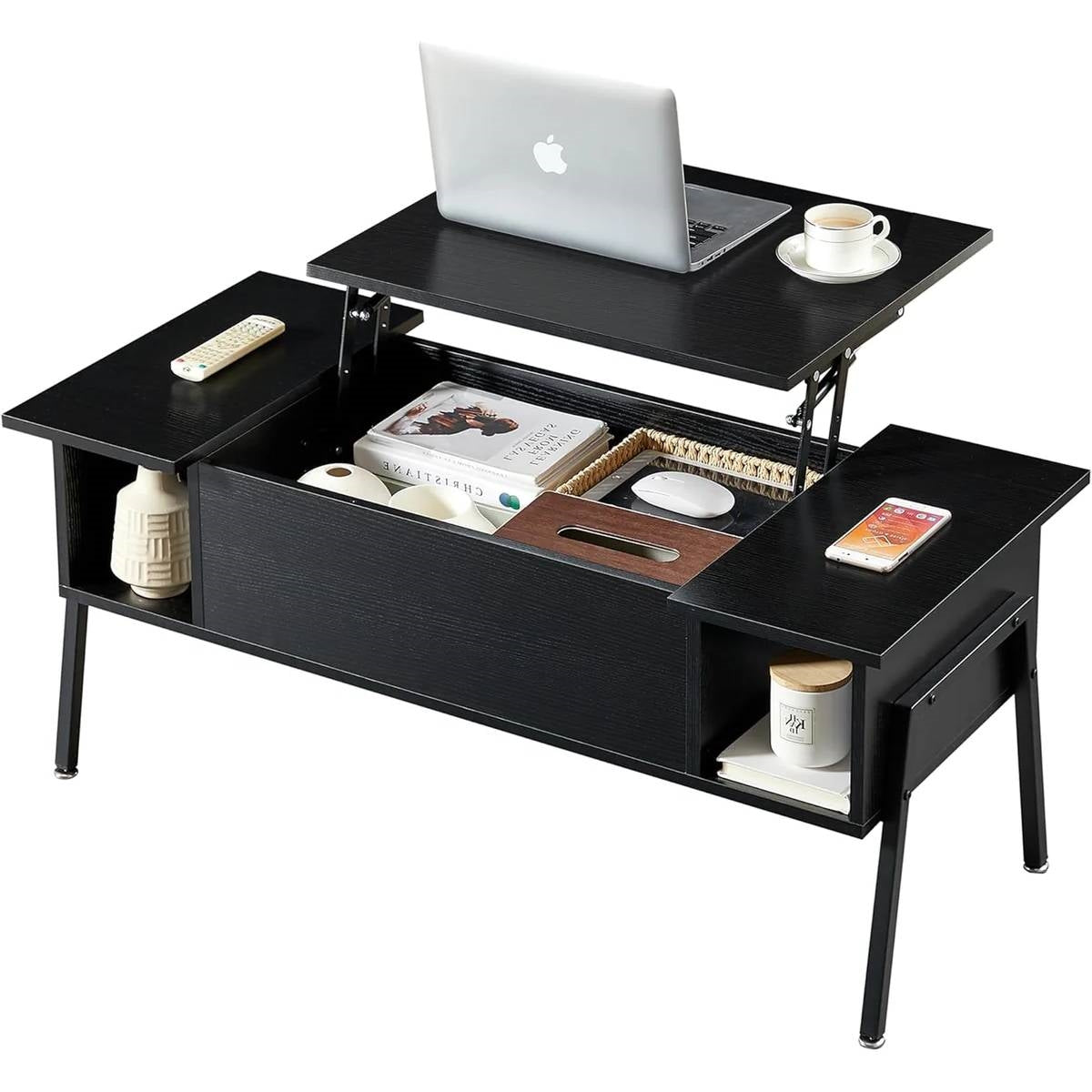 Mesa de centro elevable moderna con estante de almacenamiento, acabado en madera negra