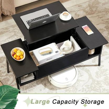Mesa de centro elevable moderna con estante de almacenamiento, acabado en madera negra