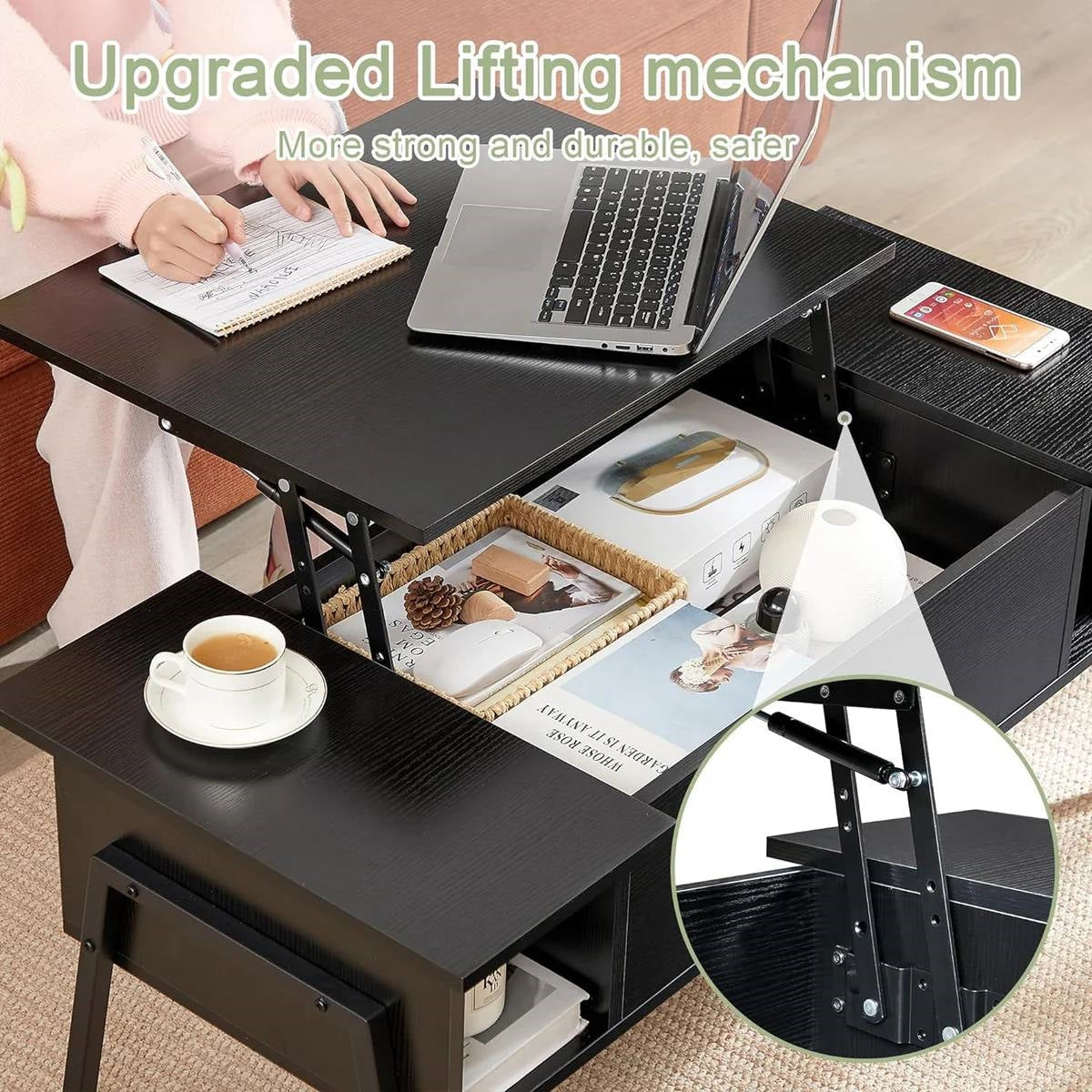 Mesa de centro elevable moderna con estante de almacenamiento, acabado en madera negra