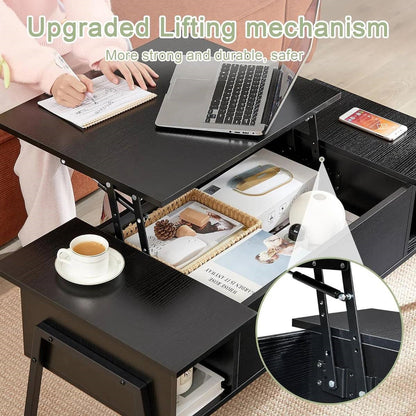 Mesa de centro elevable moderna con estante de almacenamiento, acabado en madera negra