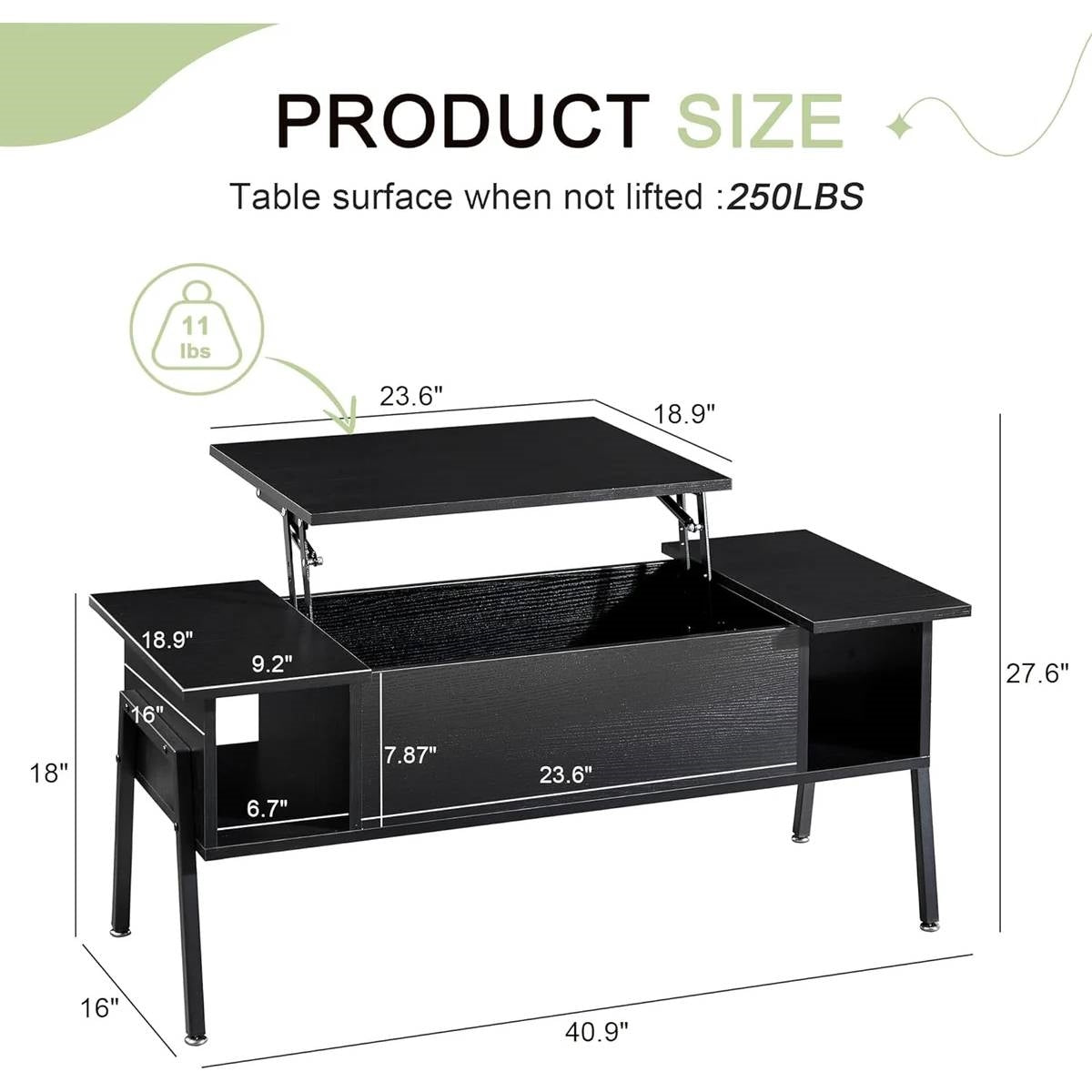 Mesa de centro elevable moderna con estante de almacenamiento, acabado en madera negra