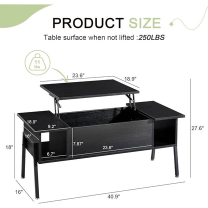Mesa de centro elevable moderna con estante de almacenamiento, acabado en madera negra