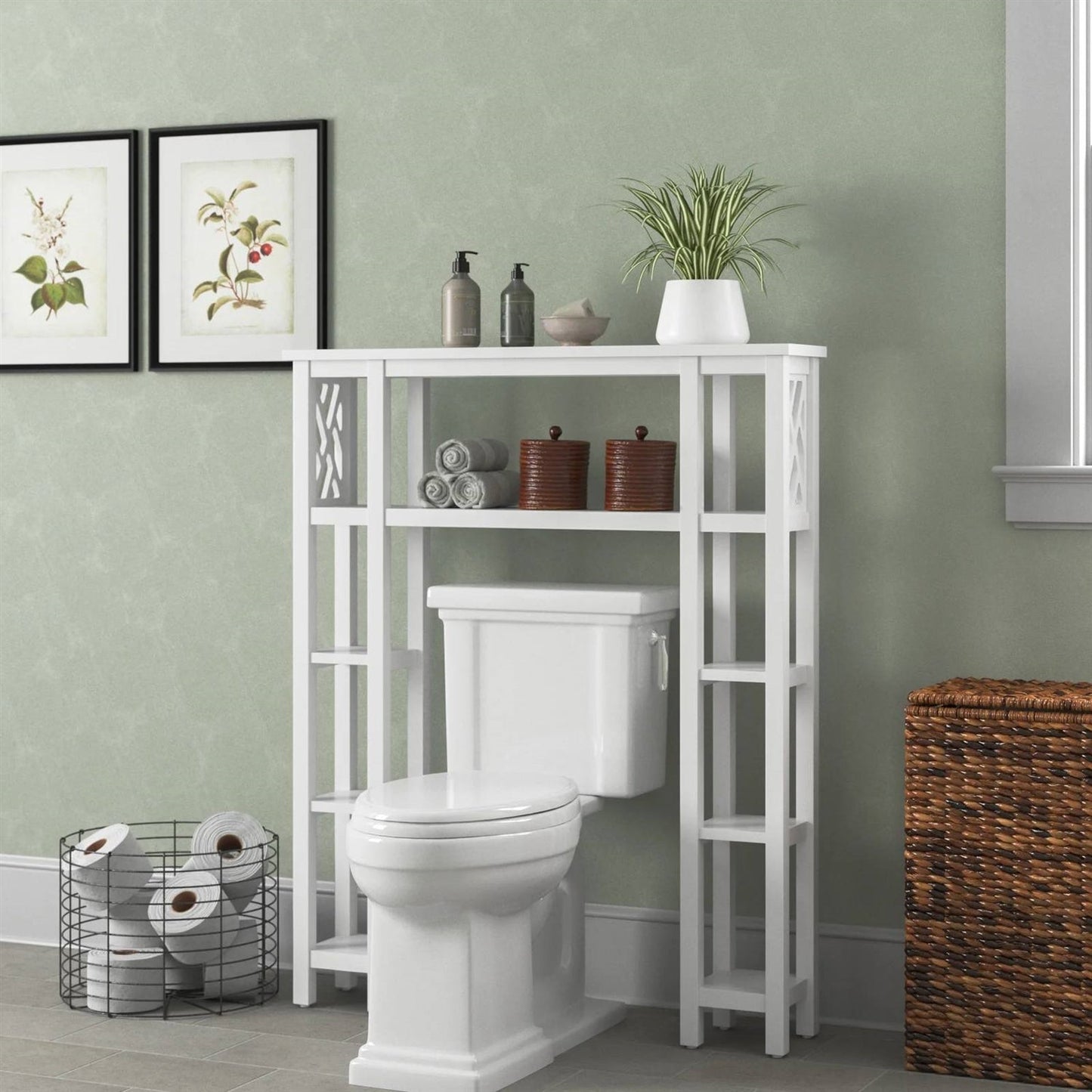 Estantería para baño sobre el inodoro con 9 estantes en acabado de madera blanca
